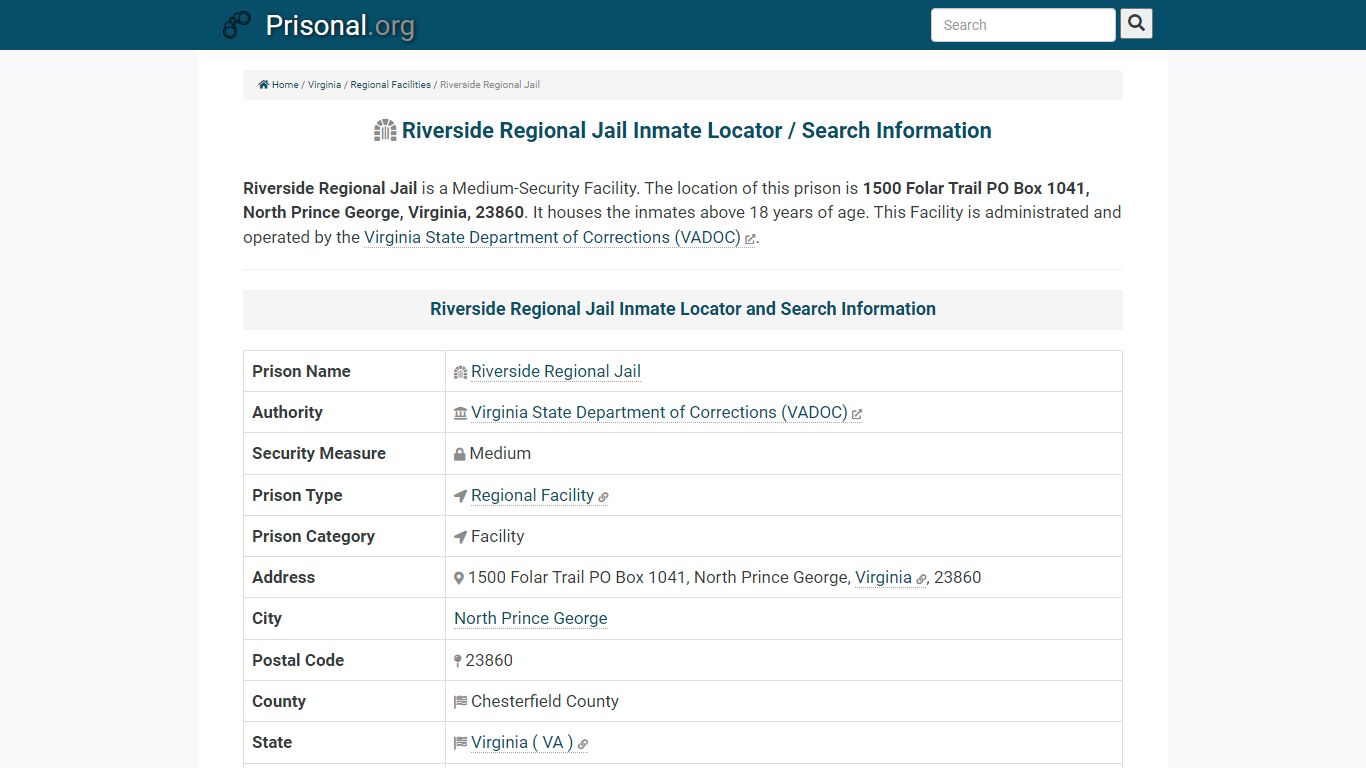 Riverside Regional Jail-Inmate Locator/Search Info, Phone ...