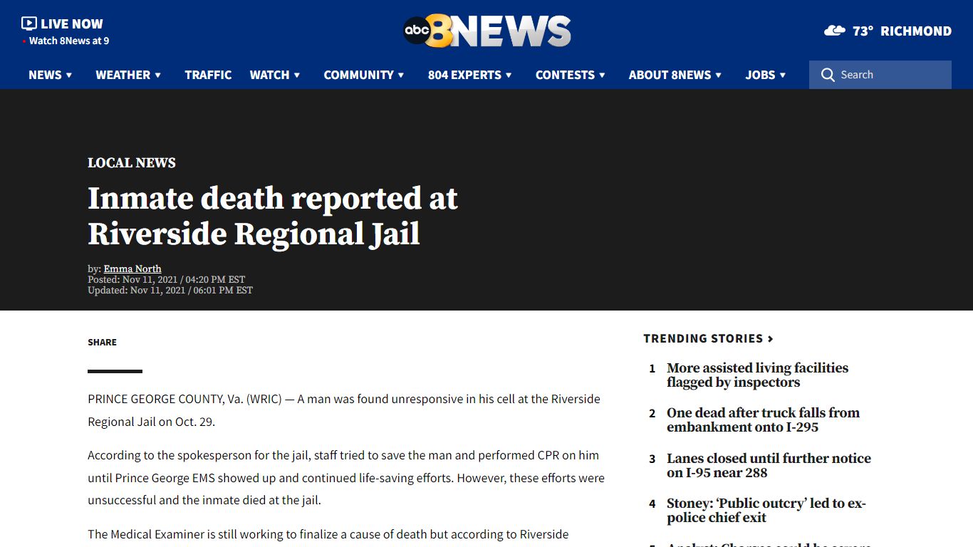 Inmate death reported at Riverside Regional Jail | 8News